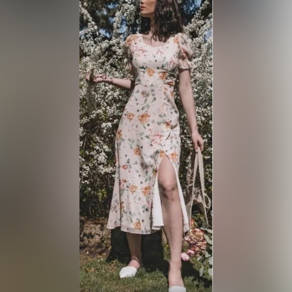 jessakae fleur cream floral slit midi dress spring aummer - Picture 2 of 6